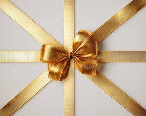 Elegant gold gift bow with ribbons on white background