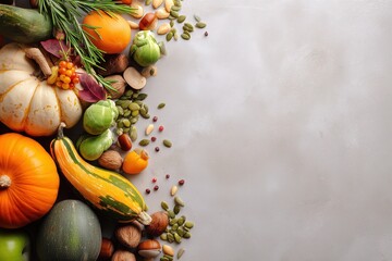 Autumn harvest arrangement with pumpkins, nuts, and vegetables on textured surface