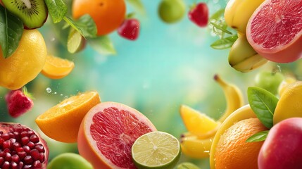 Vibrant array of fresh tropical fruits with citrus, grapefruit, and bananas on a bright background