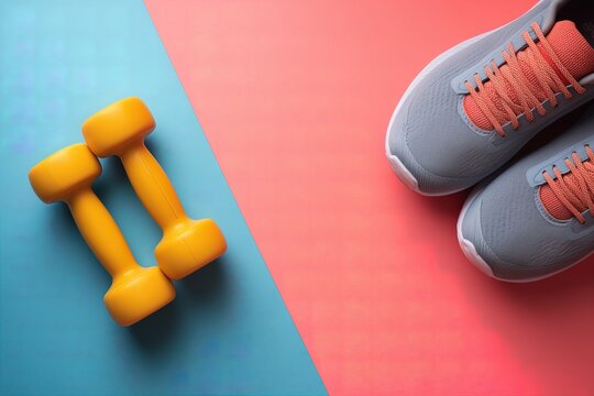 Gray athletic shoes and yellow dumbbells on dual color background for fitness motivation - Powered by Adobe