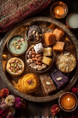 Assortment of traditional indian sweets on tray with candles and flowers