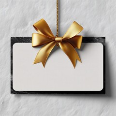 Elegant gift tag with gold ribbon on textured background