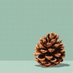 Single pine cone on minimalist light blue background