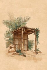 Rustic wooden hut with palm leaves and desert landscape