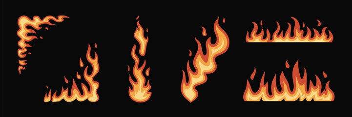 Fiery Frame Border Set,  Realistic Burning Flame Corners and Lines, Glowing Inferno Effect on Black Background for Hot Energy, Power, and Danger Design Concepts