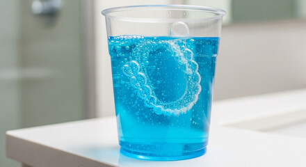 Clear plastic dental retainer submerged in bright blue liquid inside transparent plastic cup, indicating cleaning or sterilization process