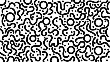 Abstract doodle pattern of short wavy curved lines and dot circles on transparent background, playful design