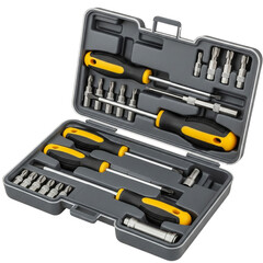 Screwdriver set in plastic case opened, isolated transparent background