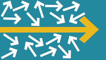 Background of numerous chaotic white arrows with one yellow arrow pointing toward a target, directional concept, abstract design