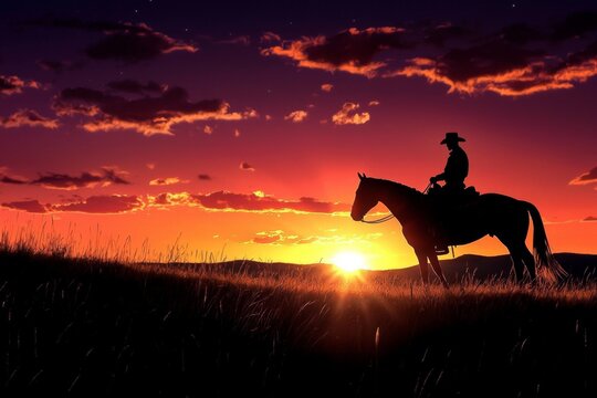 Silhouette of a cowboy on horseback against a stunning sunset.