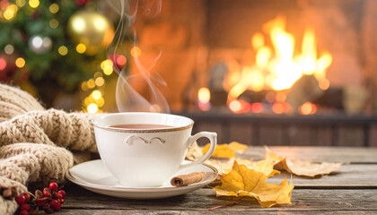 Cozy Winter Scene with Warm Drink.