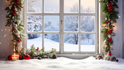 Festive Winter Window Scene with Snow.