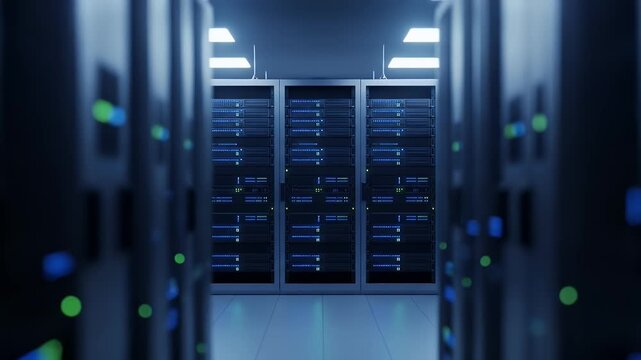 A slow pull back shot through an aisle of active server racks in a modern data center revealing rows of network equipment with blinking lights