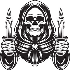 Grim reaper with candles in black and white holding two lit candles in both hands illustration art
