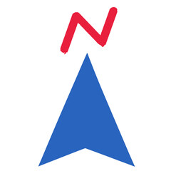 Blue triangular arrow icon pointing north, directional symbol, navigation design