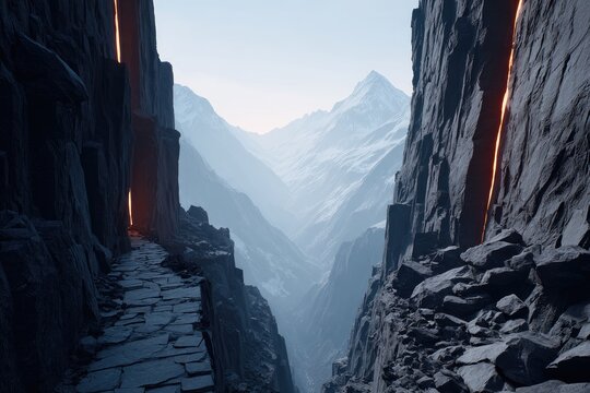 Mountain pass with fiery portals - Powered by Adobe