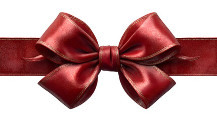 Decorative red ribbon bow tied in horizontal ribbon arrangement with realistic folds and shine isolated on white background