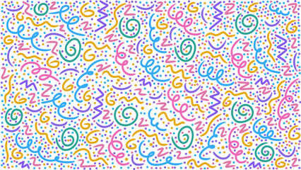 Colorful doodle lines and scattered dots on transparent, playful pattern, abstract design