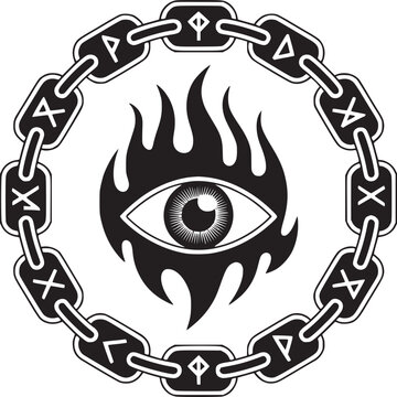 Black and white illustration of an eye surrounded by flames and a rune chain in a circular design