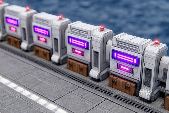 Futuristic white containers, lined up, on a platform beside a body of water.  Neon lights