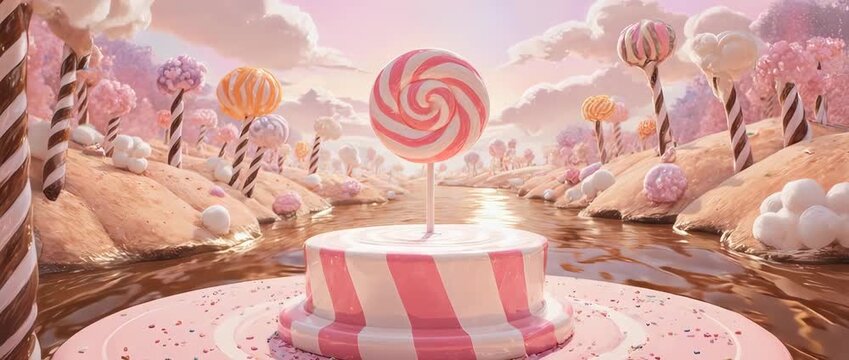 A fun and cheerful 3D animation of a lollipop pedestal in a candy world. Perfect for children's products, sweets, parties, or any joyful, imaginative theme.