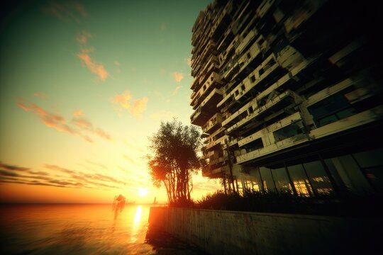 Decayed high-rise building at sunset by water