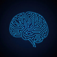 A glowing blue circuit board shaped like a human brain on a dark background, symbolizing artificial intelligence and technology.
