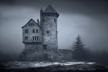 Gray stone towered house on misty hilltop