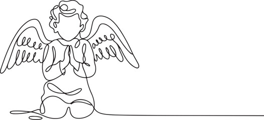 Kneeling Angel Continuous Line Drawing  Minimalist One Line Religious Art with Wings on White Background