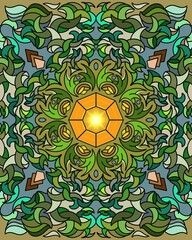 Vibrant Emerald and Gold Geometric Mandala. Earthy Floral Gem Pattern. Abundance Wall Art Print.
