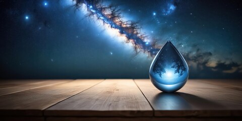 Glowing water droplet on minimalist table with abstract art and starry night sky design