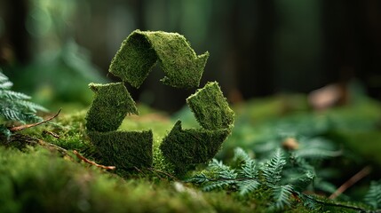 Moss-Covered Recycling Symbol in Lush Nature for Environmental and Sustainability Concepts
