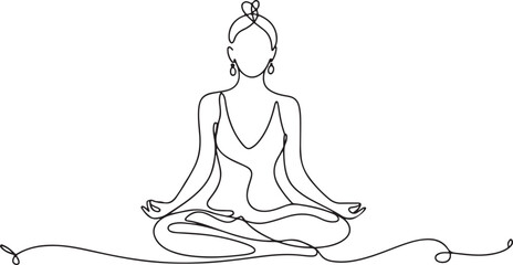Elegant Woman in Lotus Pose Continuous Line Drawing  Minimalist Yoga Art Illustration on White Background