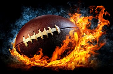Intense visuals of a flaming football set in blackness.