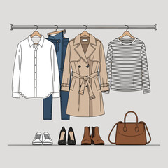 Illustrated Capsule Wardrobe. Classic fashion essentials: trench coat, shirt, jeans, shoes, and bag on hangers.