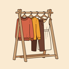 Minimalist fashion illustration: wooden clothing rack with sweaters, pants, and a dress. Apparel display, wardrobe organization concept.