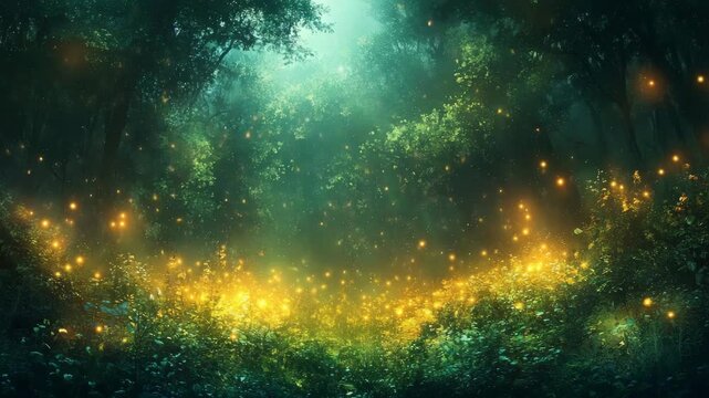 Magical forest illuminated with glowing fireflies and shimmering lights