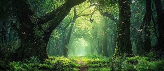 Explore the enchanting beauty of a forest filled with fantasy elements.