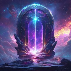 A portal shimmering against a backdrop of vibrant nebulae.