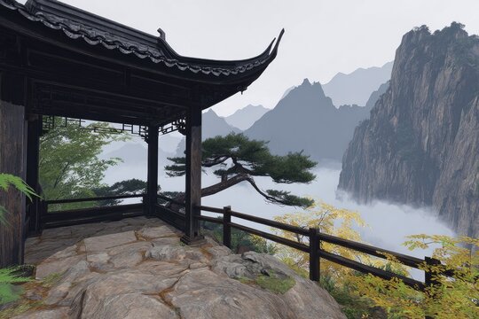 Asian gazebo overlooking misty mountains