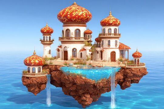 Floating palace with ornate domes, terracotta roofs, and cascading waterfalls in a vibrant, stylized seascape - Powered by Adobe
