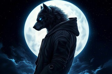 A wolf man stands beneath a full moon, cloaked in darkness.