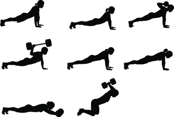 Push-up exercise silhouettes, fitness training variations, strength workout, dumbbell pushups, barbell pushups, medicine ball training, bodyweight exercise, gym illustration, health