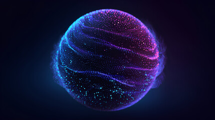 Abstract 3d sphere of purple and blue neon gradient particle waves. Artificial Intelligence concept, virtual assistant, future technology, innovations. Vibrant energy sphere, glowing 3d orb. 