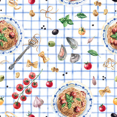 Mediterranean food seamless pattern with pasta dishes, basil leaves, and tomatoes
