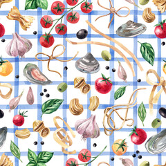 Watercolor seamless pattern featuring pasta, herbs, and rustic blue checkered tablecloth