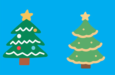 Two cute Christmas tree icons with decorations and star toppers on a blue background, flat vector style.