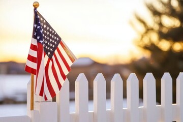 Celebrating holidays with a charming flag on a fence.