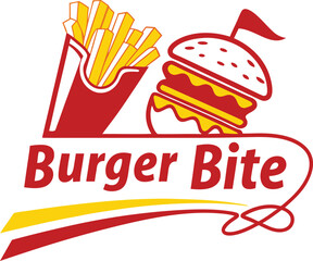 Burger Bite Logo with Burger Fries and Red Yellow Swirl hamburger french fries