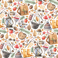 Cozy watercolor camping pattern with boots, kettle, and autumn foliage
